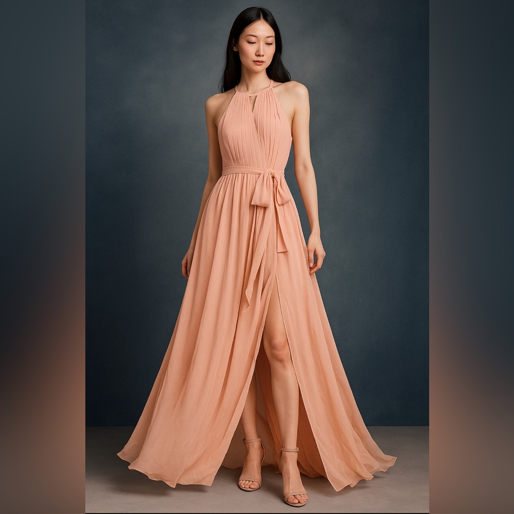NWT Lavetir Long Chiffon A-line Dress with Slit Halter Wrap Formal Dress size L